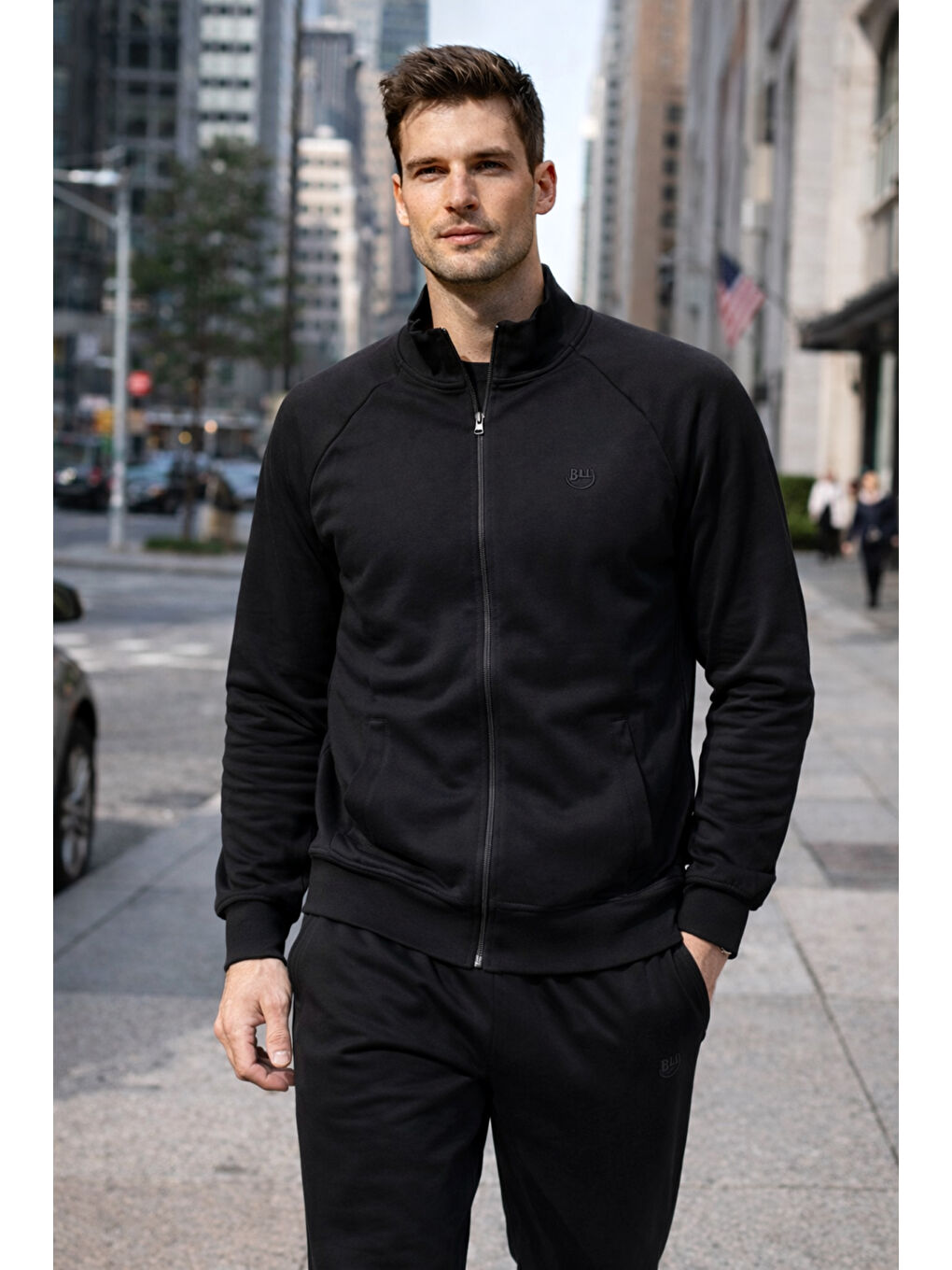 Erkek Pamuklu Fermuarlı Eşofman Takımı 7018 Siyah-1