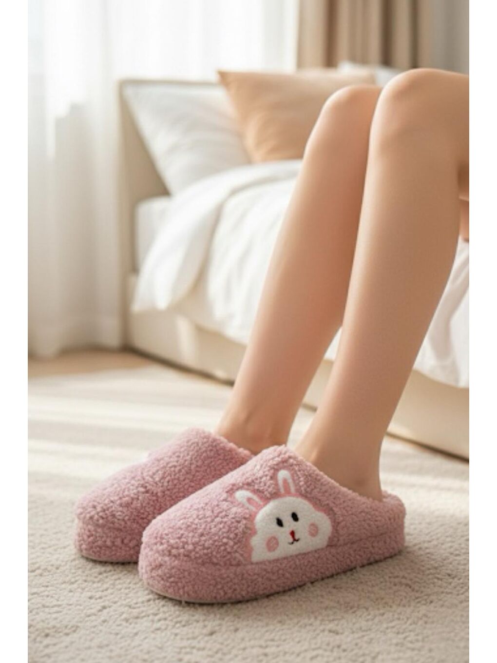 Pembe Ft 101 Tavşan Nakışlı Kadın Ev Terliği Pelüş Terlik Çeyiz ve Bohça Terliği Ses Yapmaz Kalın Taban-1