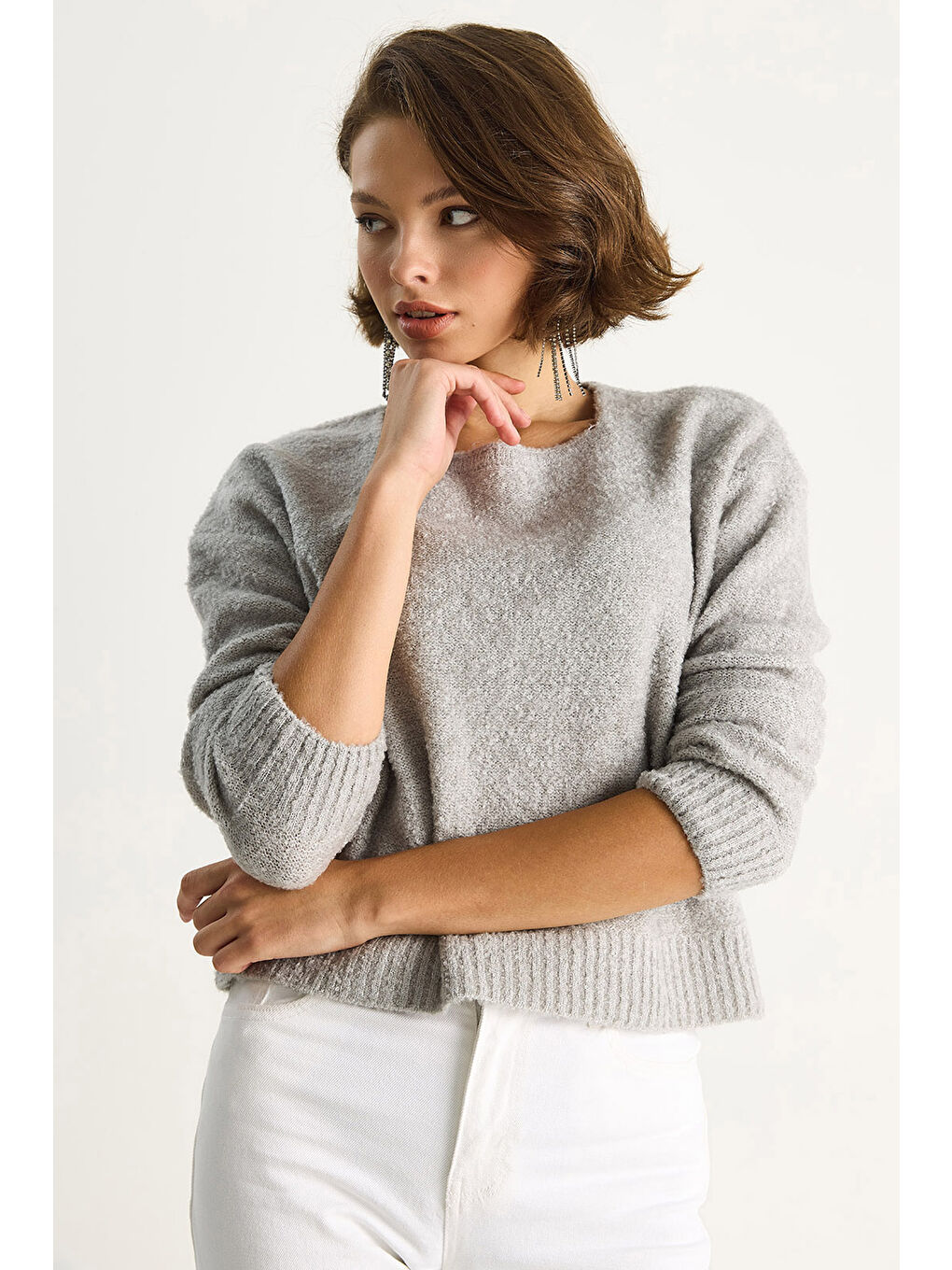 Gri Kadın Bisiklet Yaka Yumuşak Doku Triko Kazak-1