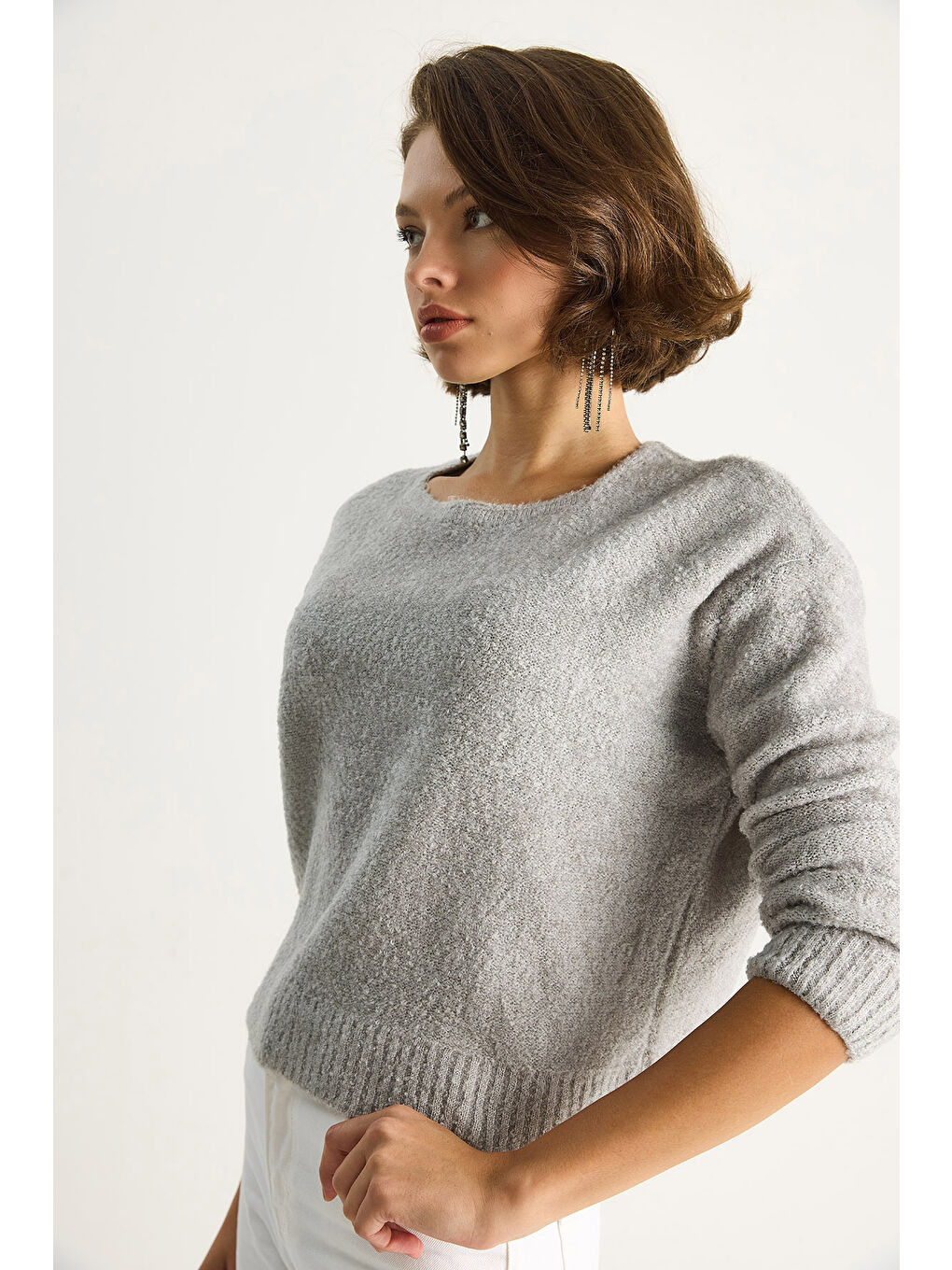 Gri Kadın Bisiklet Yaka Yumuşak Doku Triko Kazak-2