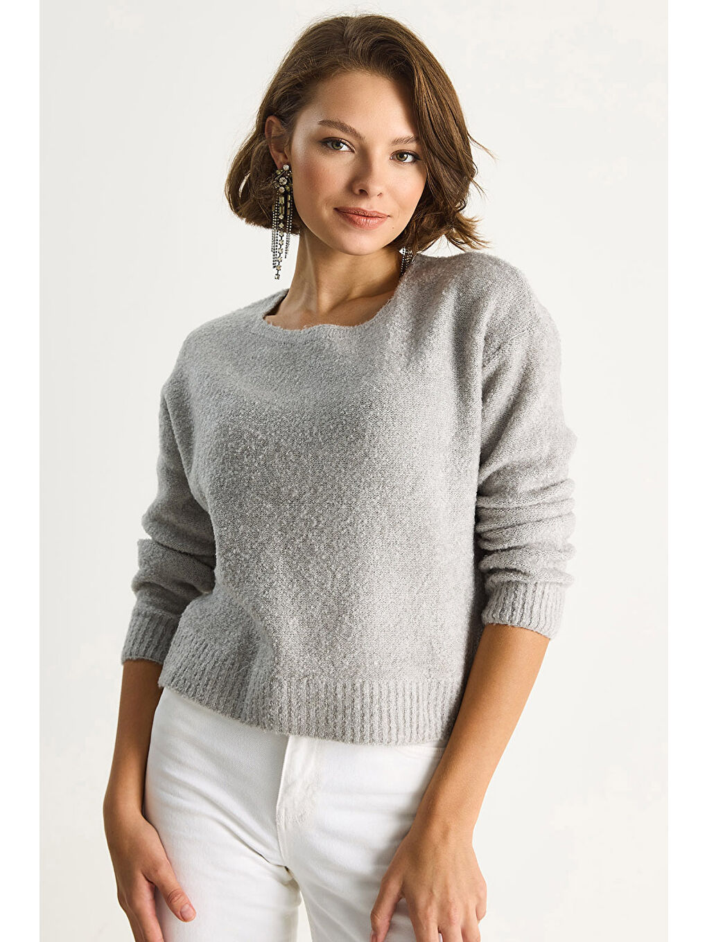 Gri Kadın Bisiklet Yaka Yumuşak Doku Triko Kazak-3