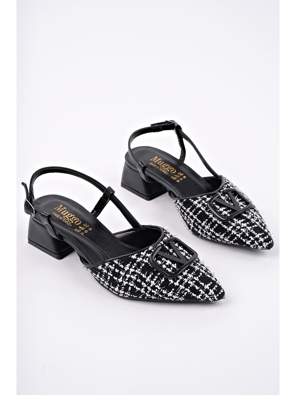 Siyah JUMANİ Sivri Burun Tokalı Arkası Açık Klasik Kısa Topuklu Kadın Ayakkabı-2