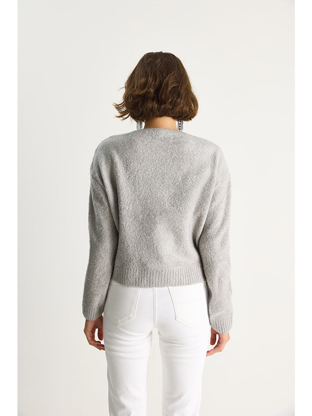 Gri Kadın Bisiklet Yaka Yumuşak Doku Triko Kazak-4