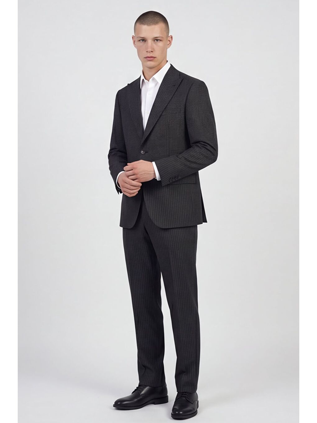 Giotelli Erkek Koyu Gri Dar Kesim Slim Fit Yünlü Dokuma Çizgili Klasik Yaka 4 Drop Takım Elbise-5