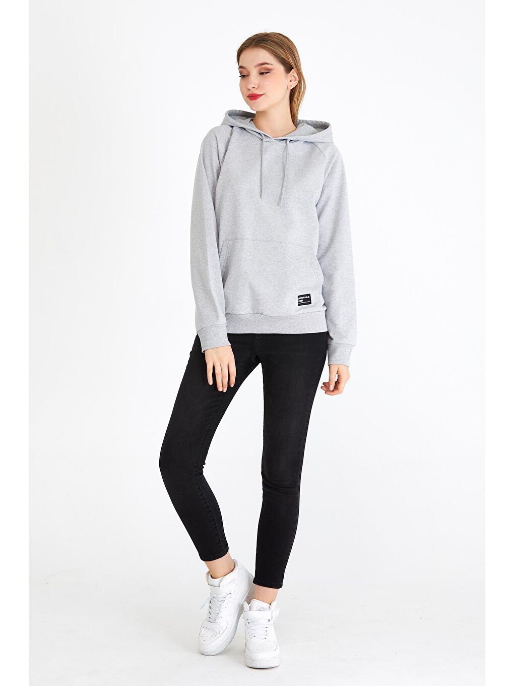 MMETALIC Gri Kadın Gri Kapüşonlu Basic Örme Sweatshirt - 3