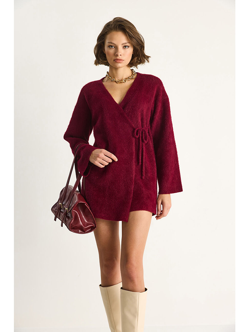 Bordo Kadın Kruvaze Kapama Yandan Bağlamalı Yumuşak Dokulu Triko Kimona W-1