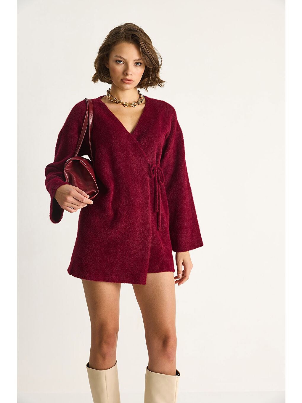 Bordo Kadın Kruvaze Kapama Yandan Bağlamalı Yumuşak Dokulu Triko Kimona W-2