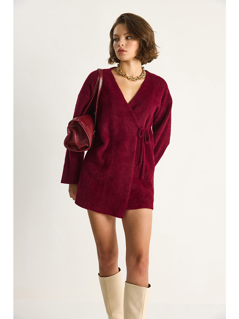 Bordo Kadın Kruvaze Kapama Yandan Bağlamalı Yumuşak Dokulu Triko Kimona W-3