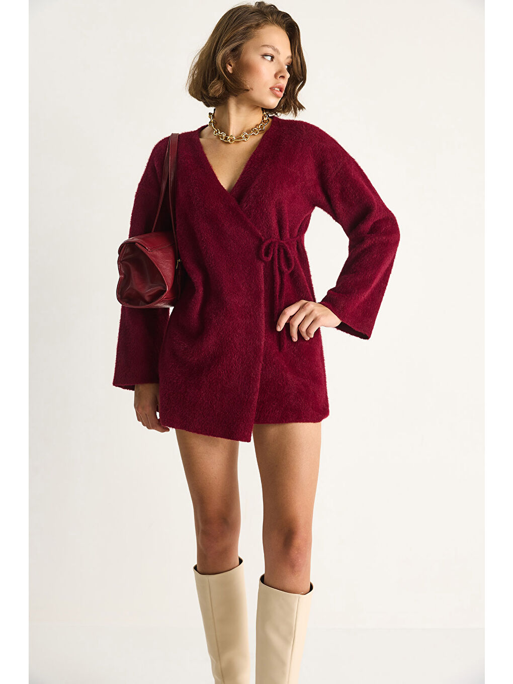 Bordo Kadın Kruvaze Kapama Yandan Bağlamalı Yumuşak Dokulu Triko Kimona W-4