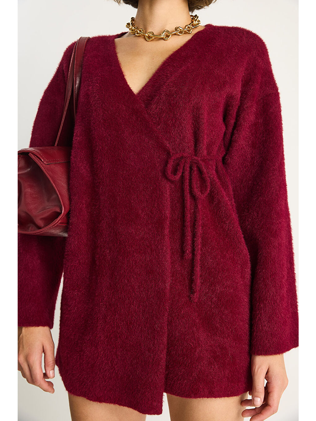 Bordo Kadın Kruvaze Kapama Yandan Bağlamalı Yumuşak Dokulu Triko Kimona W-5