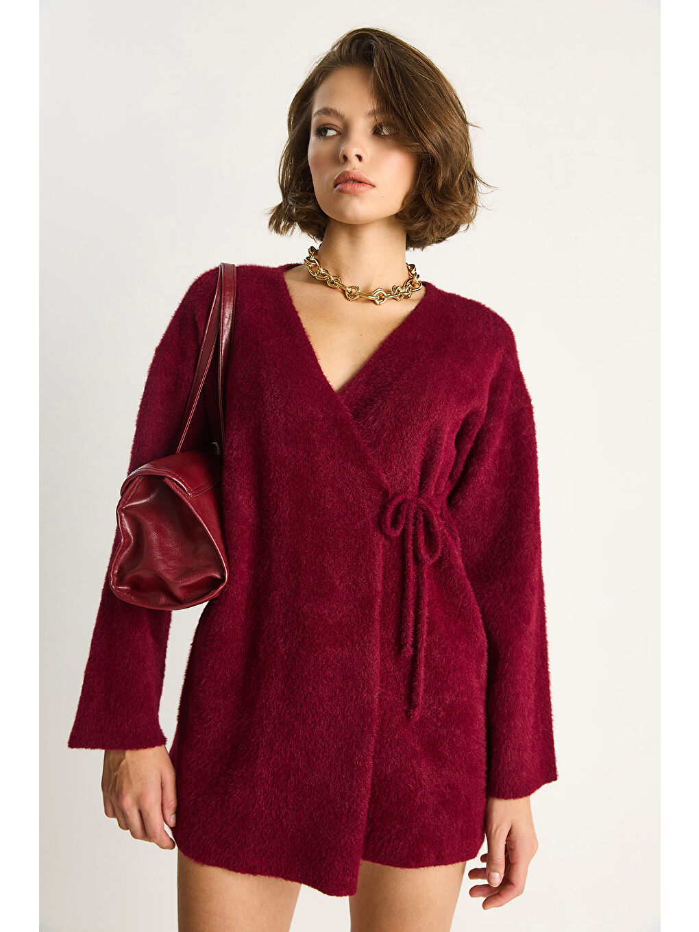 Bordo Kadın Kruvaze Kapama Yandan Bağlamalı Yumuşak Dokulu Triko Kimona W-6