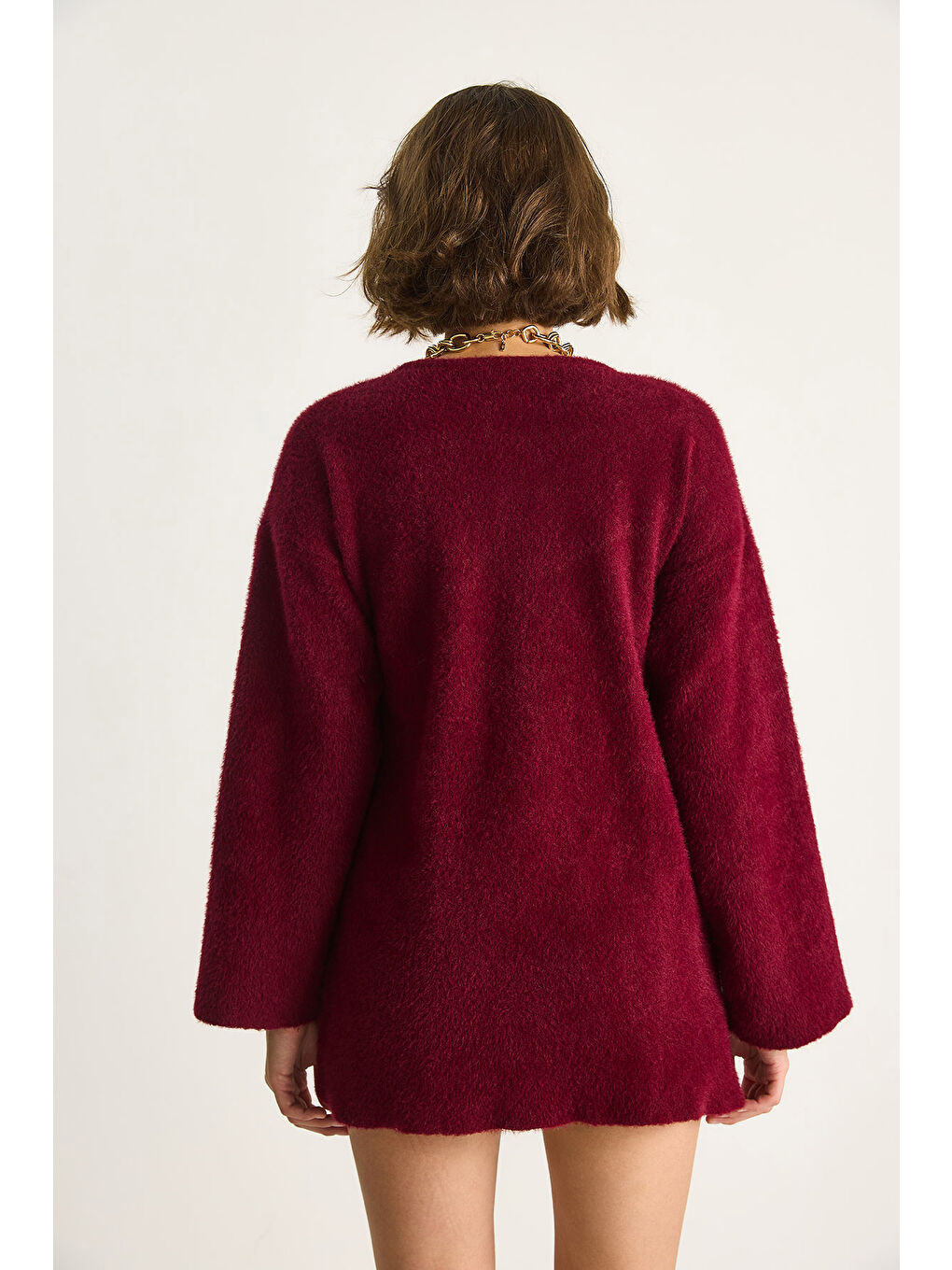 Bordo Kadın Kruvaze Kapama Yandan Bağlamalı Yumuşak Dokulu Triko Kimona W-7