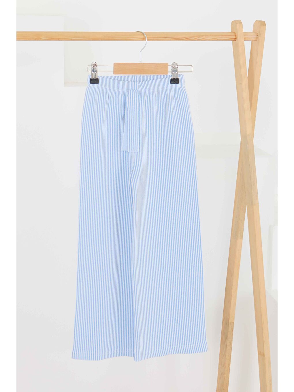 Mavi Kız Çocuk Saks Çizgili Beli Lastikli Pantolon - 27448
