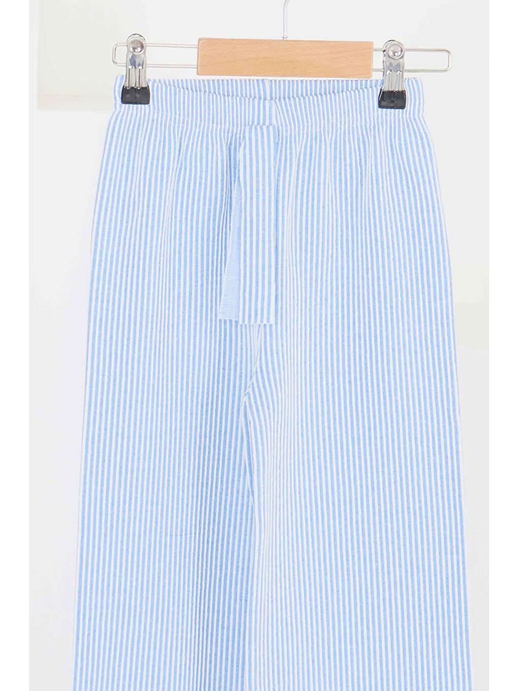Mavi Kız Çocuk Saks Çizgili Beli Lastikli Pantolon - 27448-1
