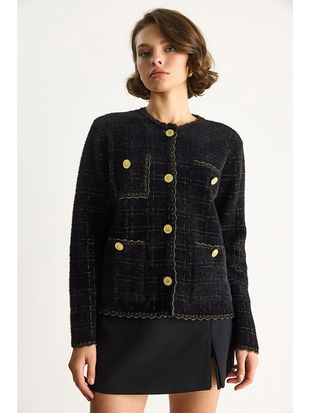 Siyah Kadın Gold Simli Vintage Düğmeli Yumuşak Dokulu Hırka TH-2