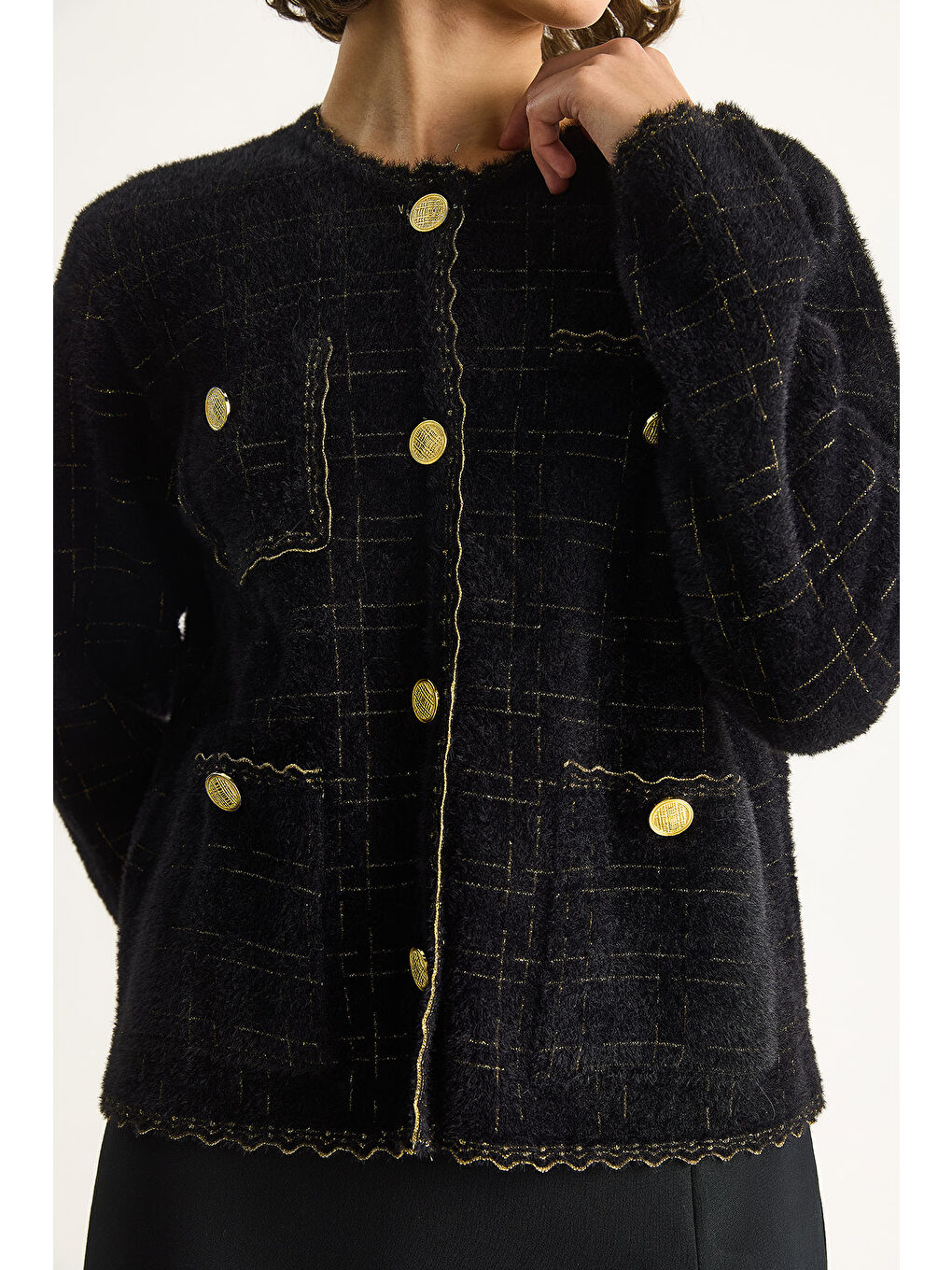 Siyah Kadın Gold Simli Vintage Düğmeli Yumuşak Dokulu Hırka TH-4