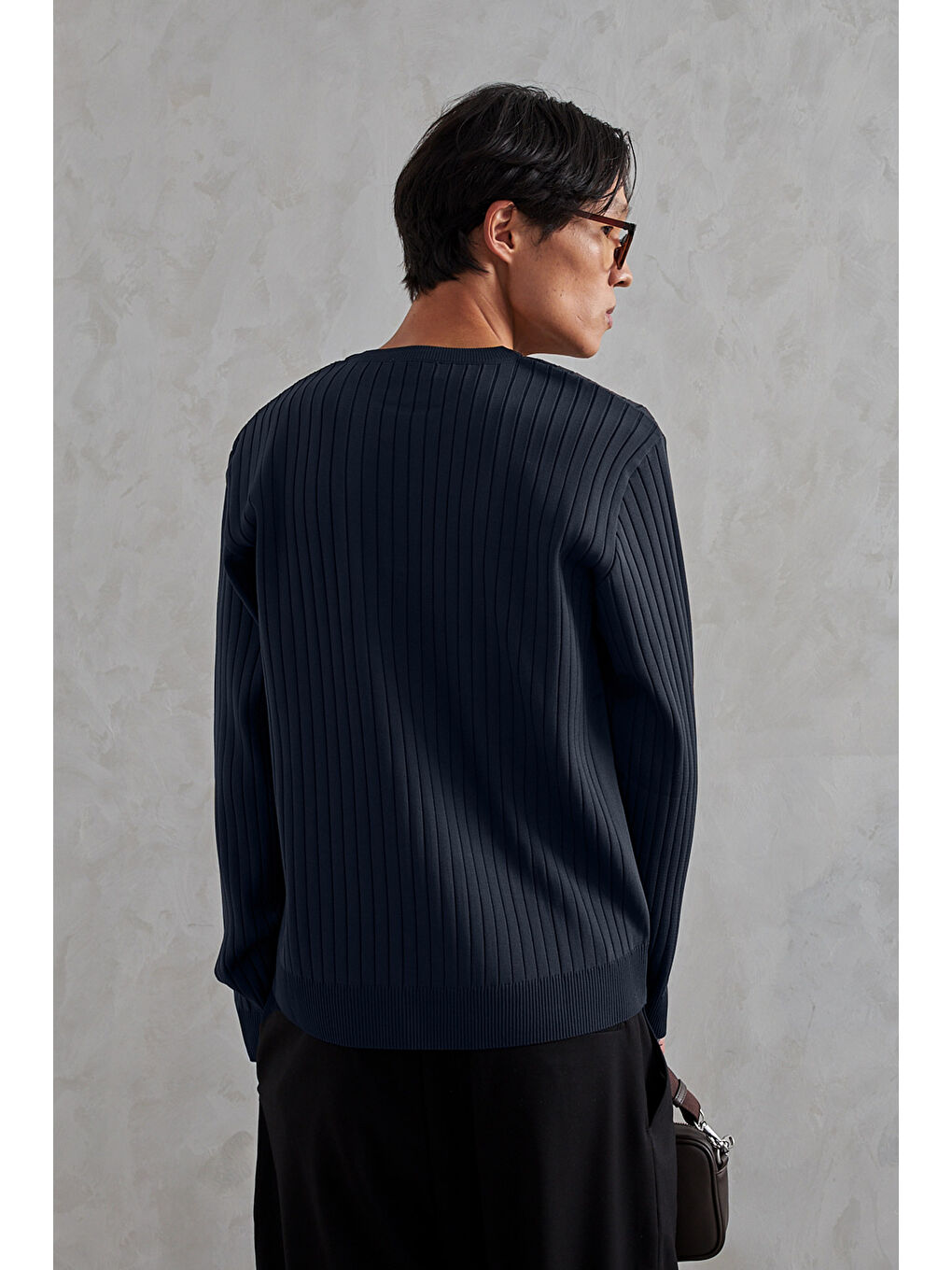 Lacivert Erkek Fitilli Henley Yaka Düğmeli Triko Kazak-1