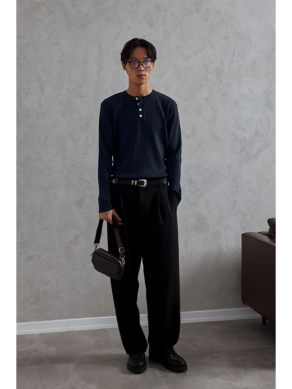 Lacivert Erkek Fitilli Henley Yaka Düğmeli Triko Kazak-2