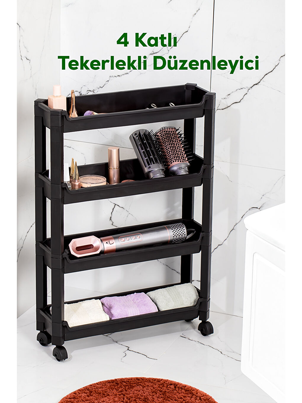 Porsima RAFTY-66-ECO-1 Tekerlekli 4 Katlı Düzenleyici- Banyo Mutfak Organizer Raf-Siyah