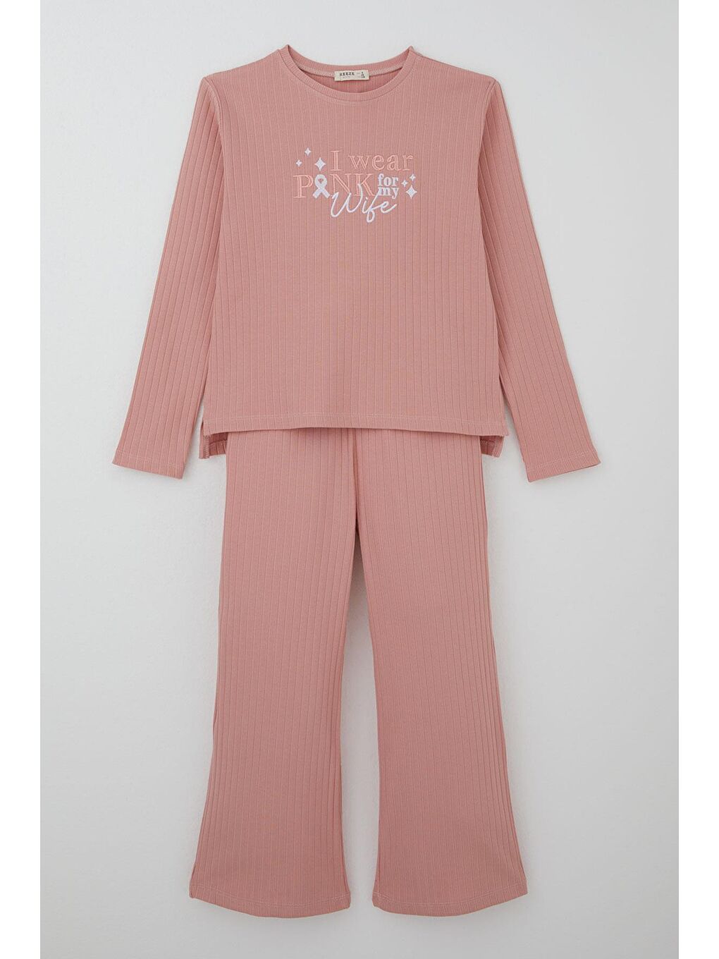 Pembe Kız Çocuk Pantolonlu Takım Yazı Nakışlı Fiyonk Detaylı Gülkurusu (4-8 Yaş)