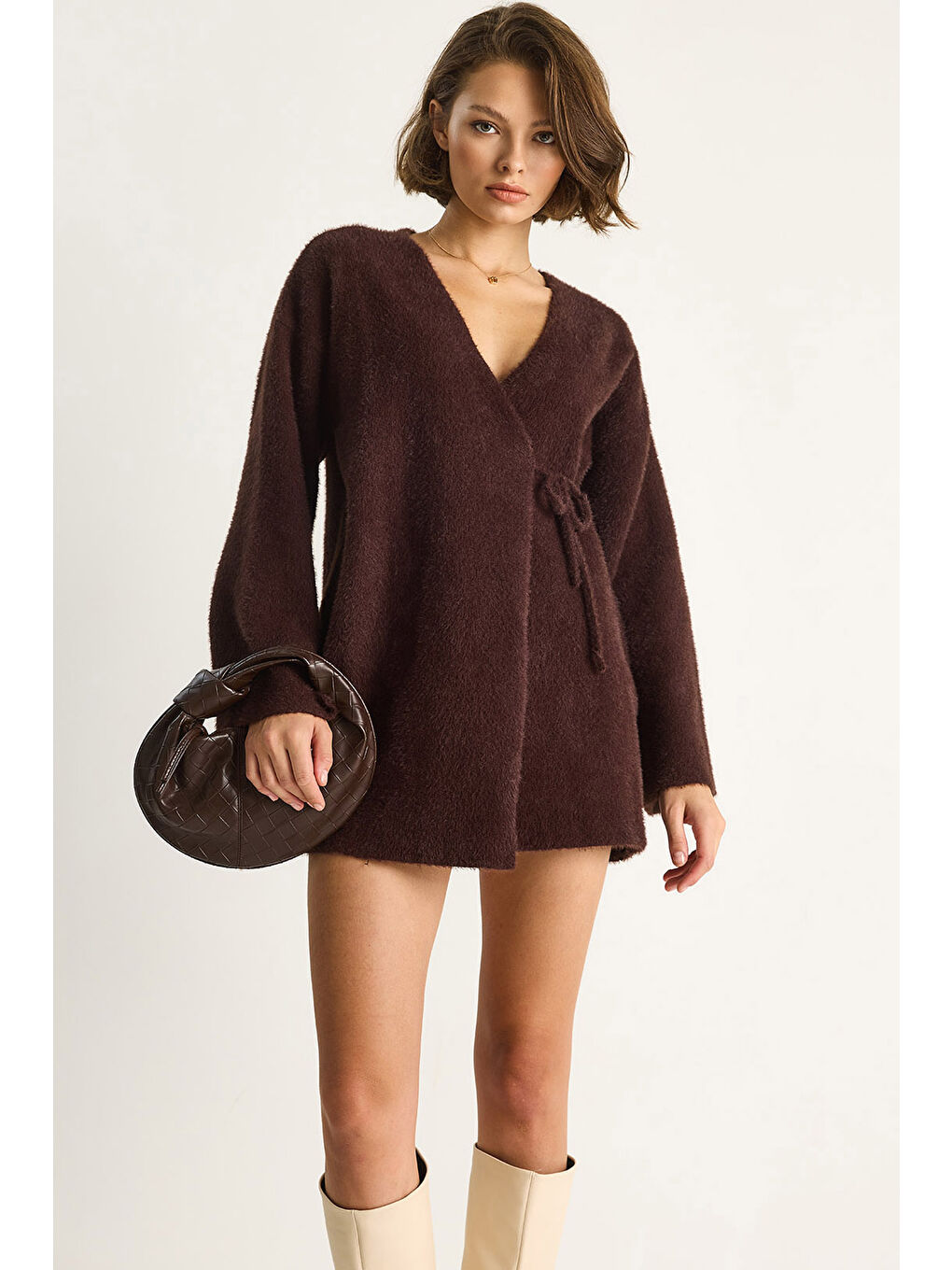 Kahverengi Kadın Kruvaze Kapama Yandan Bağlamalı Yumuşak Dokulu Triko Kimona W