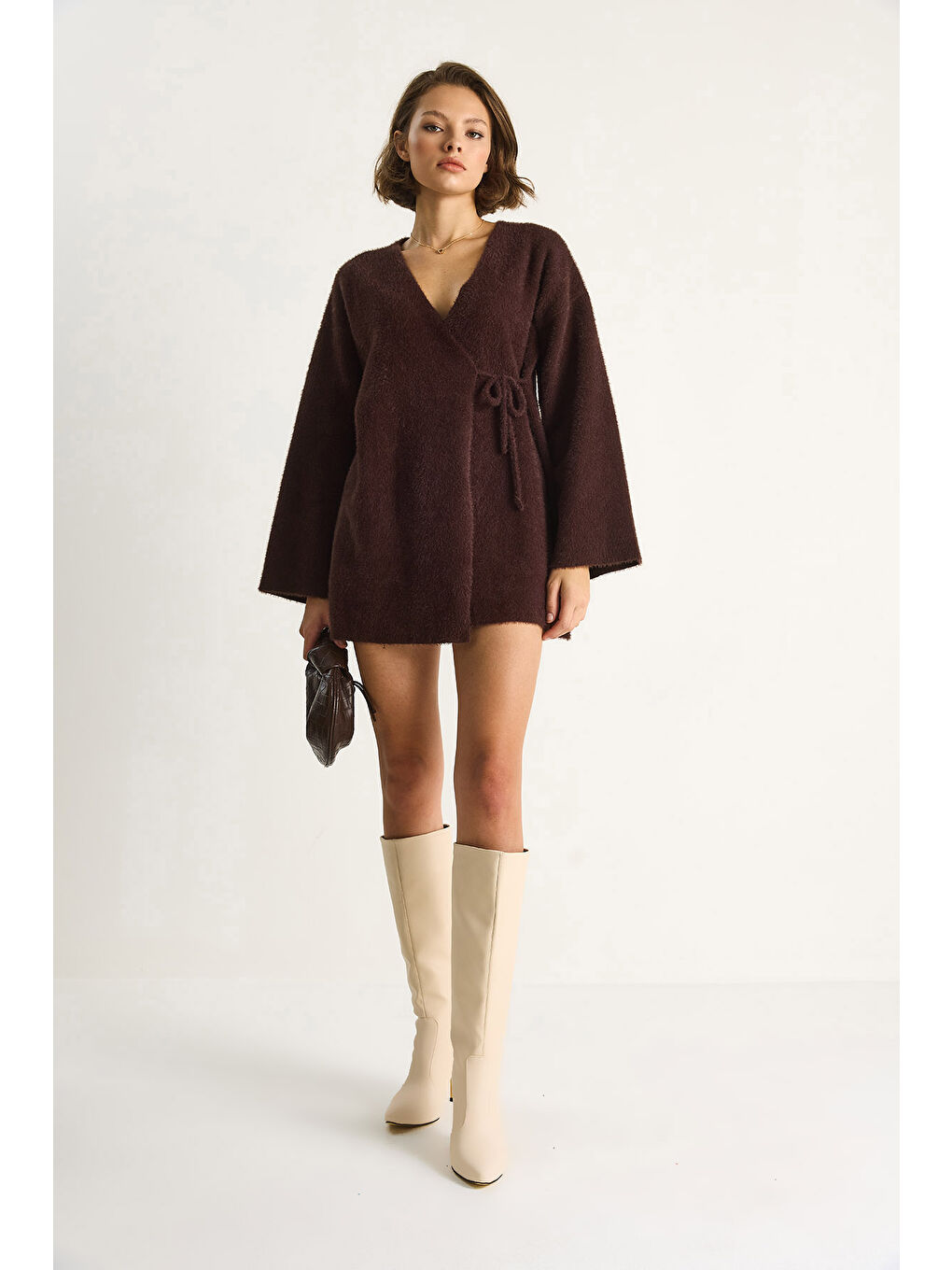 Kahverengi Kadın Kruvaze Kapama Yandan Bağlamalı Yumuşak Dokulu Triko Kimona W-1