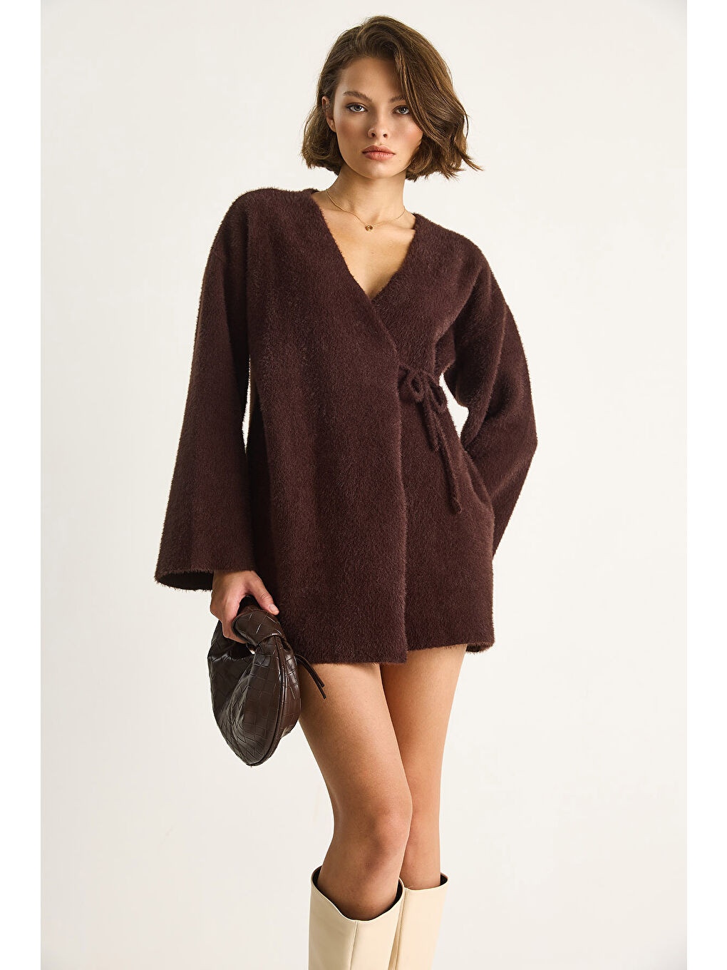 Kahverengi Kadın Kruvaze Kapama Yandan Bağlamalı Yumuşak Dokulu Triko Kimona W-3