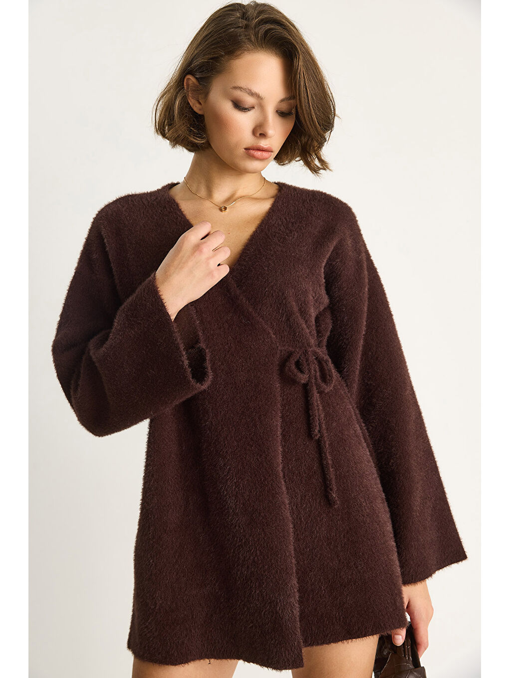 Kahverengi Kadın Kruvaze Kapama Yandan Bağlamalı Yumuşak Dokulu Triko Kimona W-5