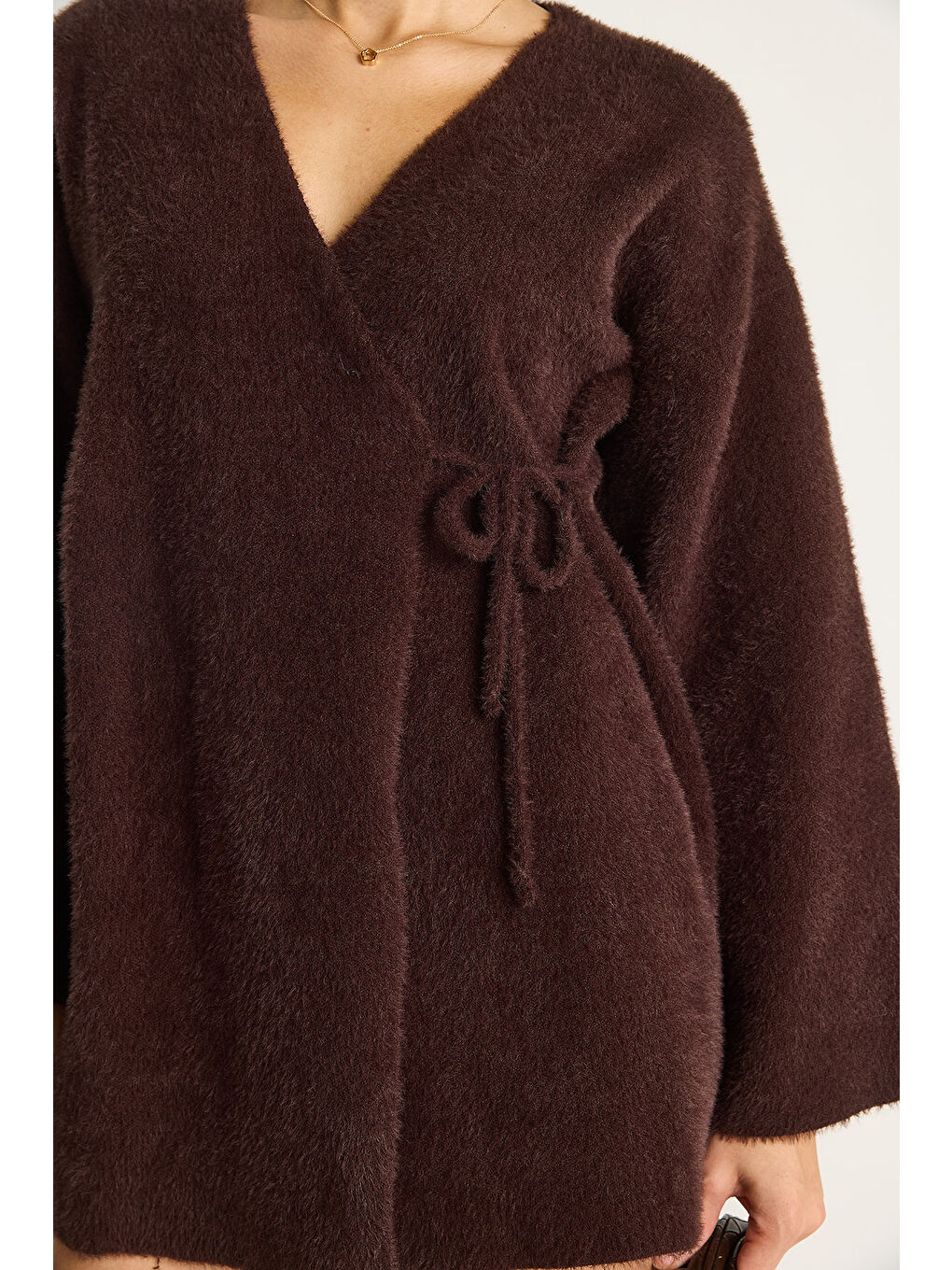 Kahverengi Kadın Kruvaze Kapama Yandan Bağlamalı Yumuşak Dokulu Triko Kimona W-6