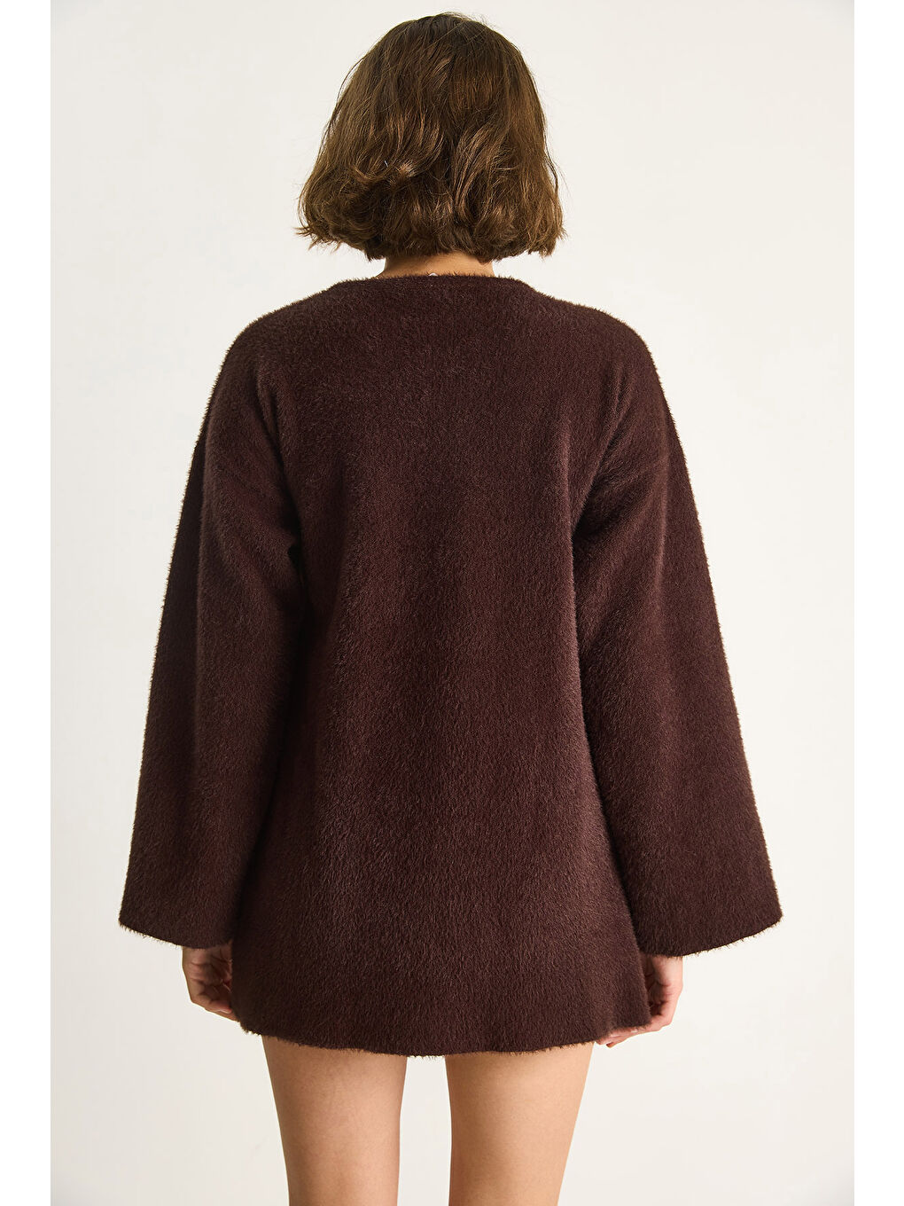 Kahverengi Kadın Kruvaze Kapama Yandan Bağlamalı Yumuşak Dokulu Triko Kimona W-7