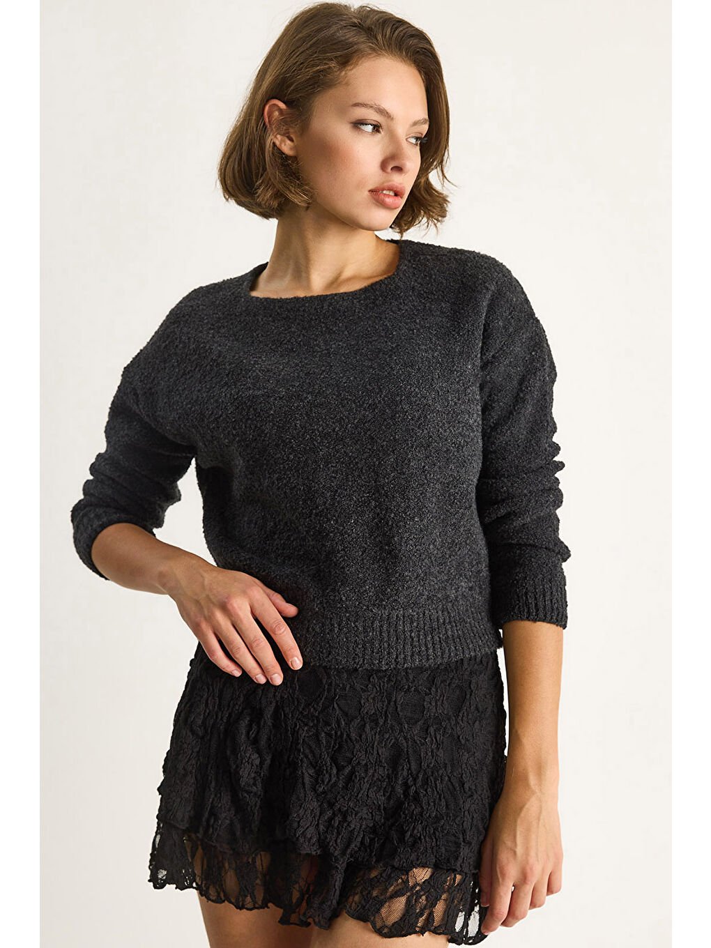 Siyah Kadın Bisiklet Yaka Yumuşak Doku Triko Kazak