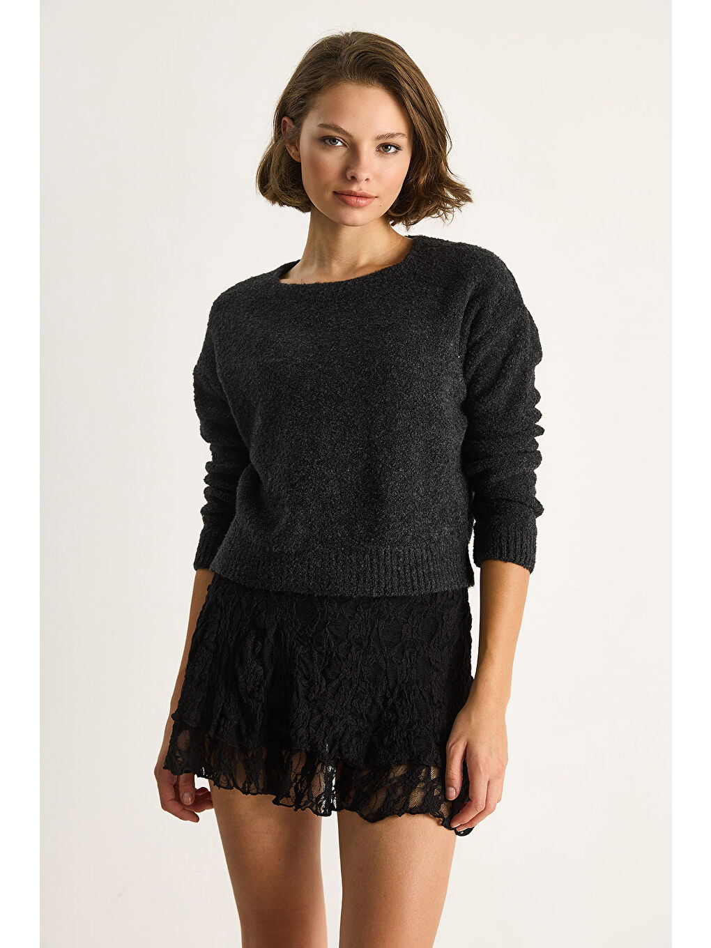 Siyah Kadın Bisiklet Yaka Yumuşak Doku Triko Kazak-1