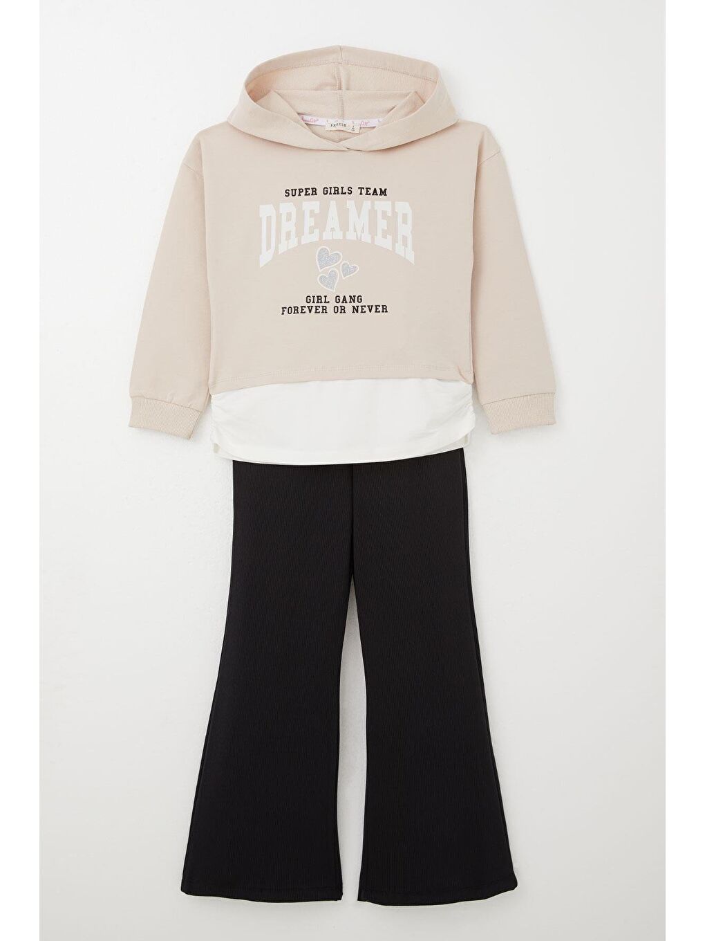 Kız Çocuk Pantolonlu Takım Yazı Baskılı Kapüşonlu Bej (8 Yaş)
