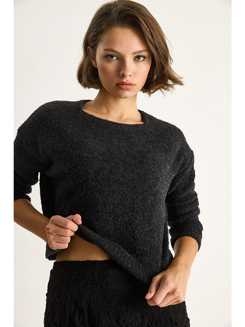 Siyah Kadın Bisiklet Yaka Yumuşak Doku Triko Kazak-2