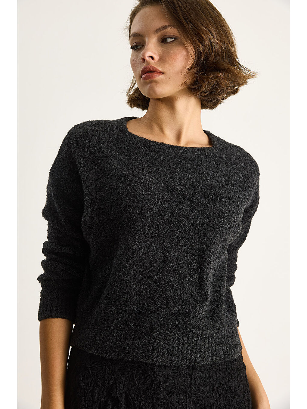 Siyah Kadın Bisiklet Yaka Yumuşak Doku Triko Kazak-3