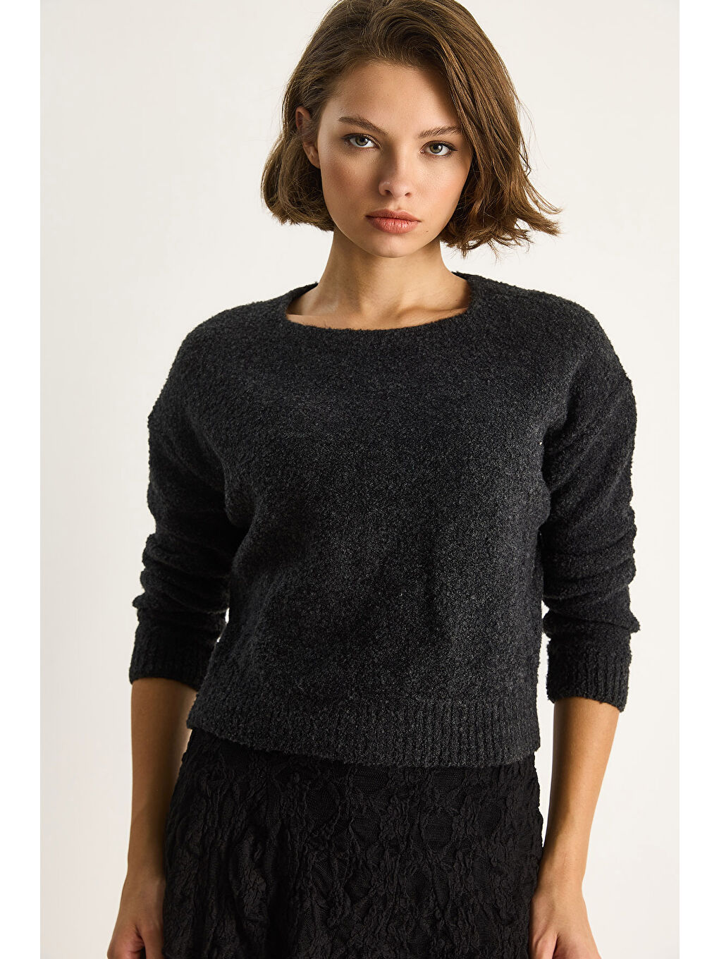 Siyah Kadın Bisiklet Yaka Yumuşak Doku Triko Kazak-4