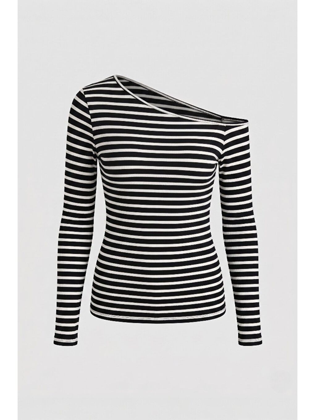 Premium Soft Seri Vücuda Oturan Siyah Beyaz Çizgili Kayık Yaka Örme Bluz-4