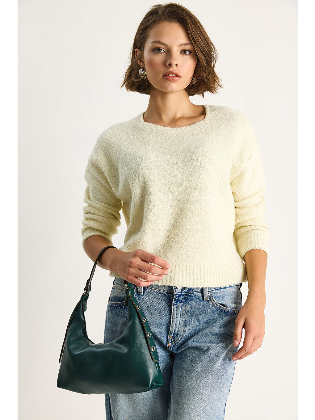 Ekru Kadın Bisiklet Yaka Yumuşak Doku Triko Kazak-2