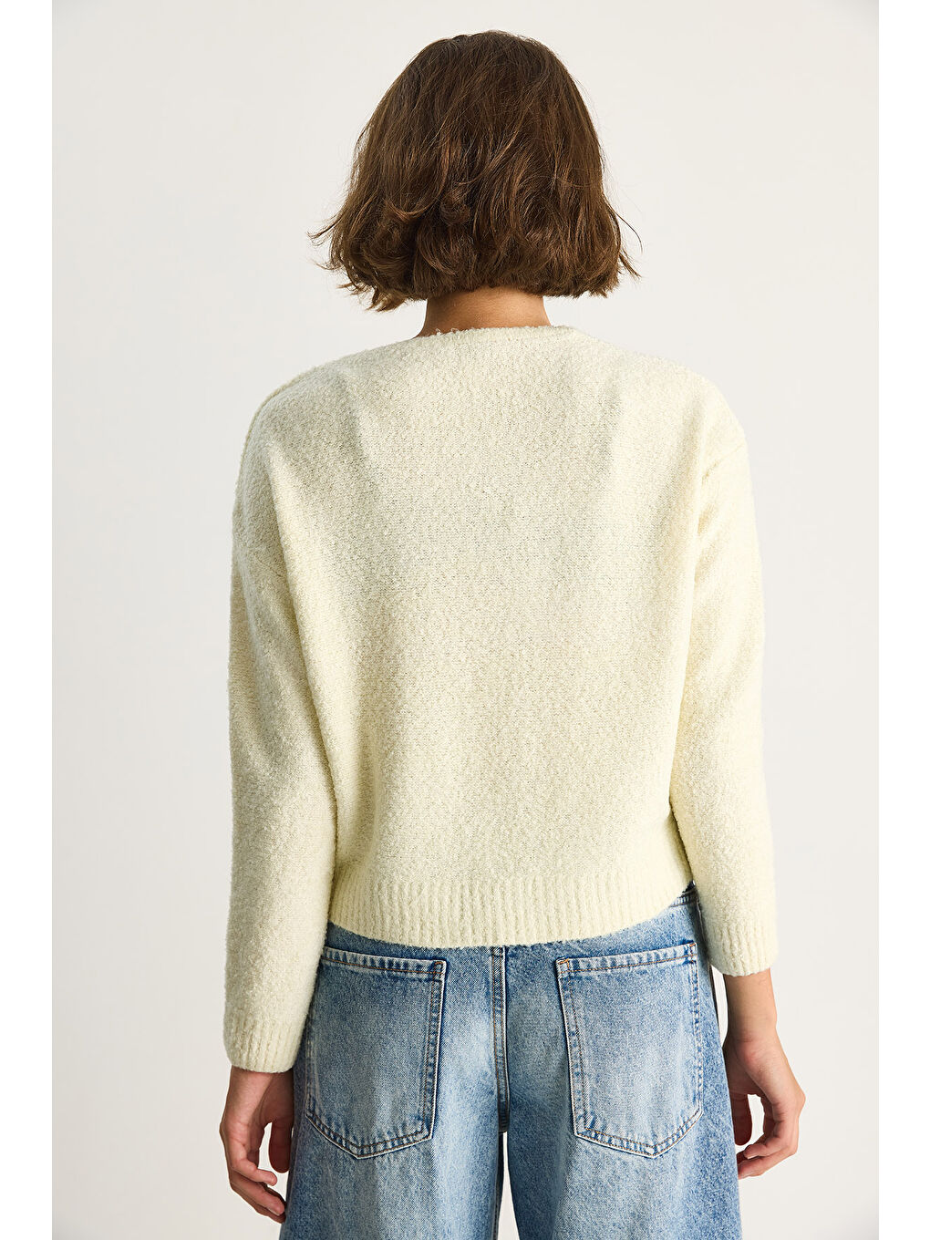 Ekru Kadın Bisiklet Yaka Yumuşak Doku Triko Kazak-5