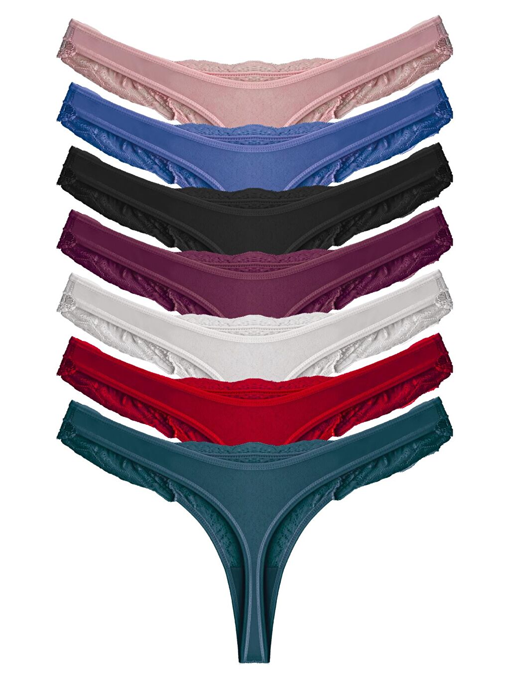 Karışık Transparan Dantelli Tül Detaylı Kadın Tanga Külot 7'Li Paket