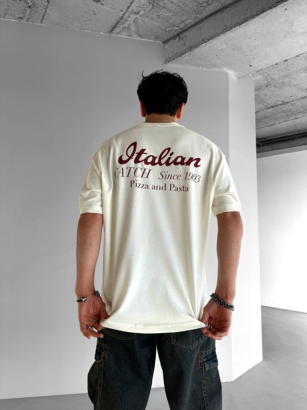 Erkek %100 Pamuk Dokulu Oversize Tişört Ekru-1