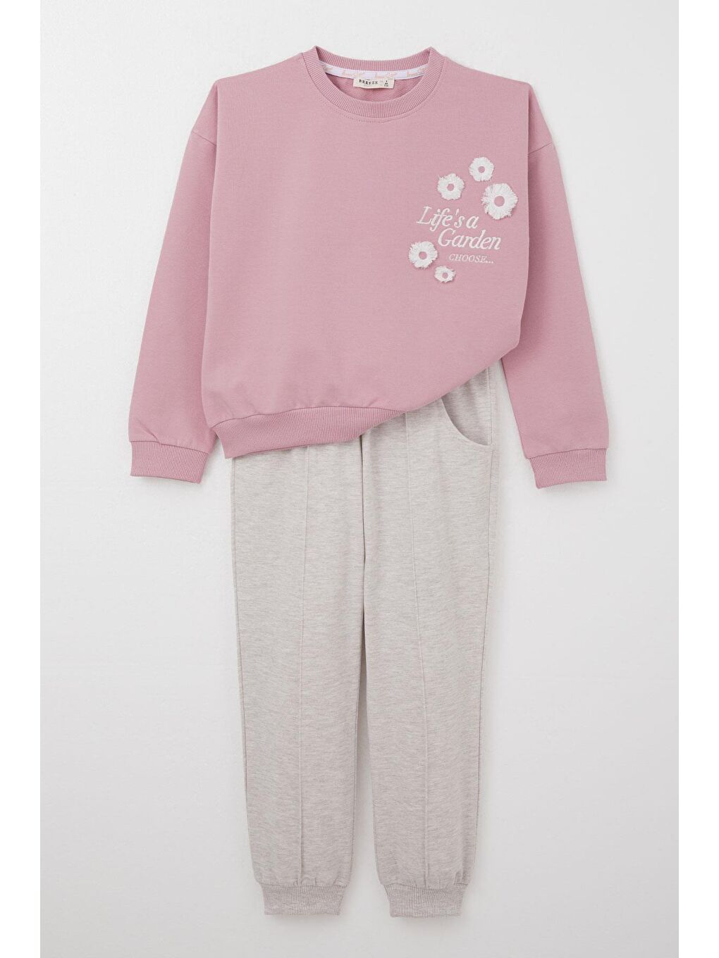 Pembe Kız Çocuk Eşofman Takım Slogan Temalı Püsküllü Çiçek Nakışlı Gülkurusu (9 Yaş)