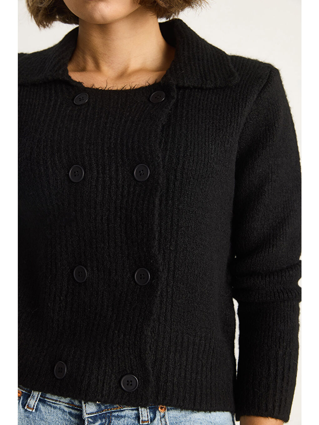 Siyah Kadın Polo Yaka Düğmeli Yumuşak Hırka-5