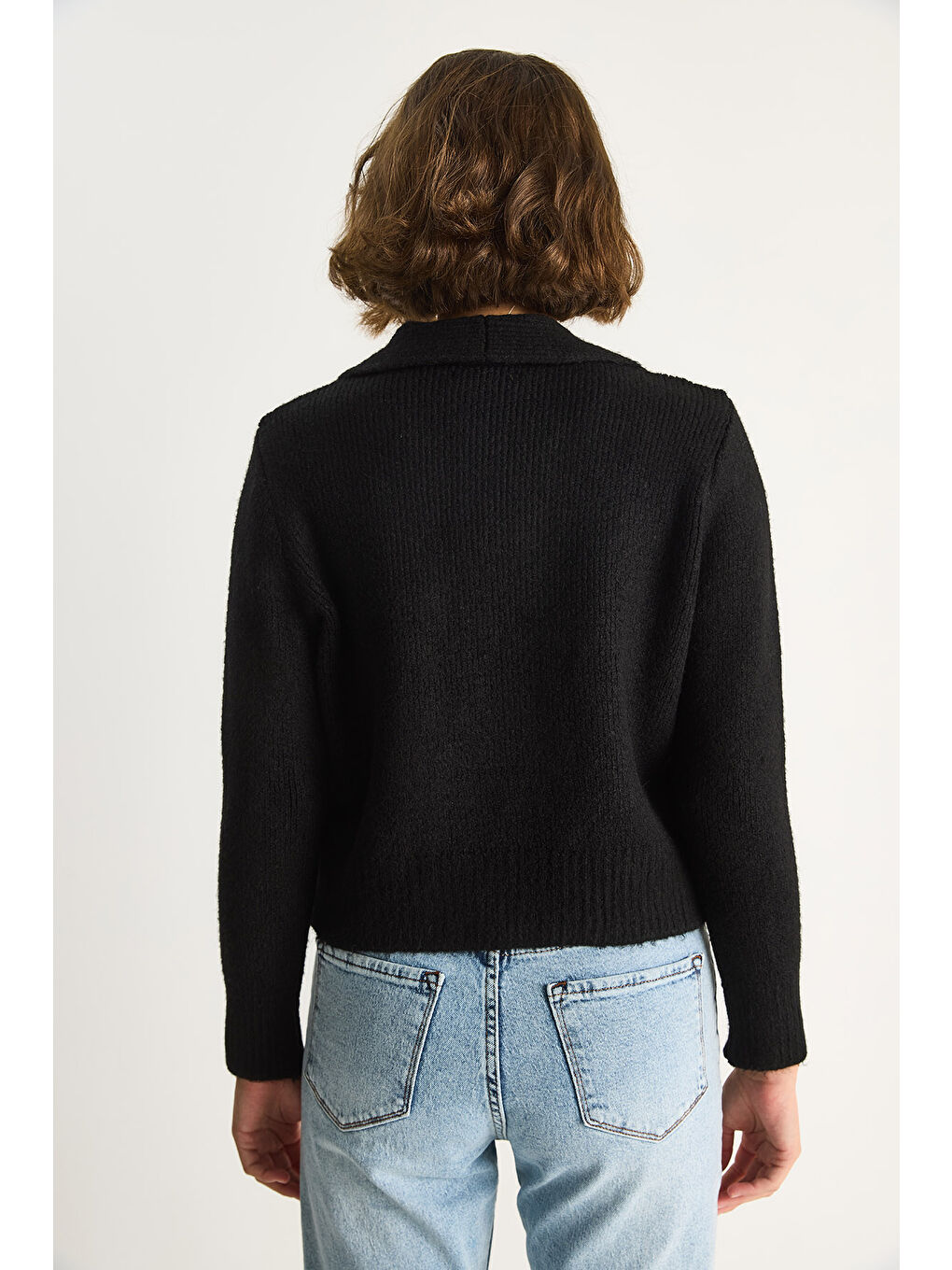 Siyah Kadın Polo Yaka Düğmeli Yumuşak Hırka-6