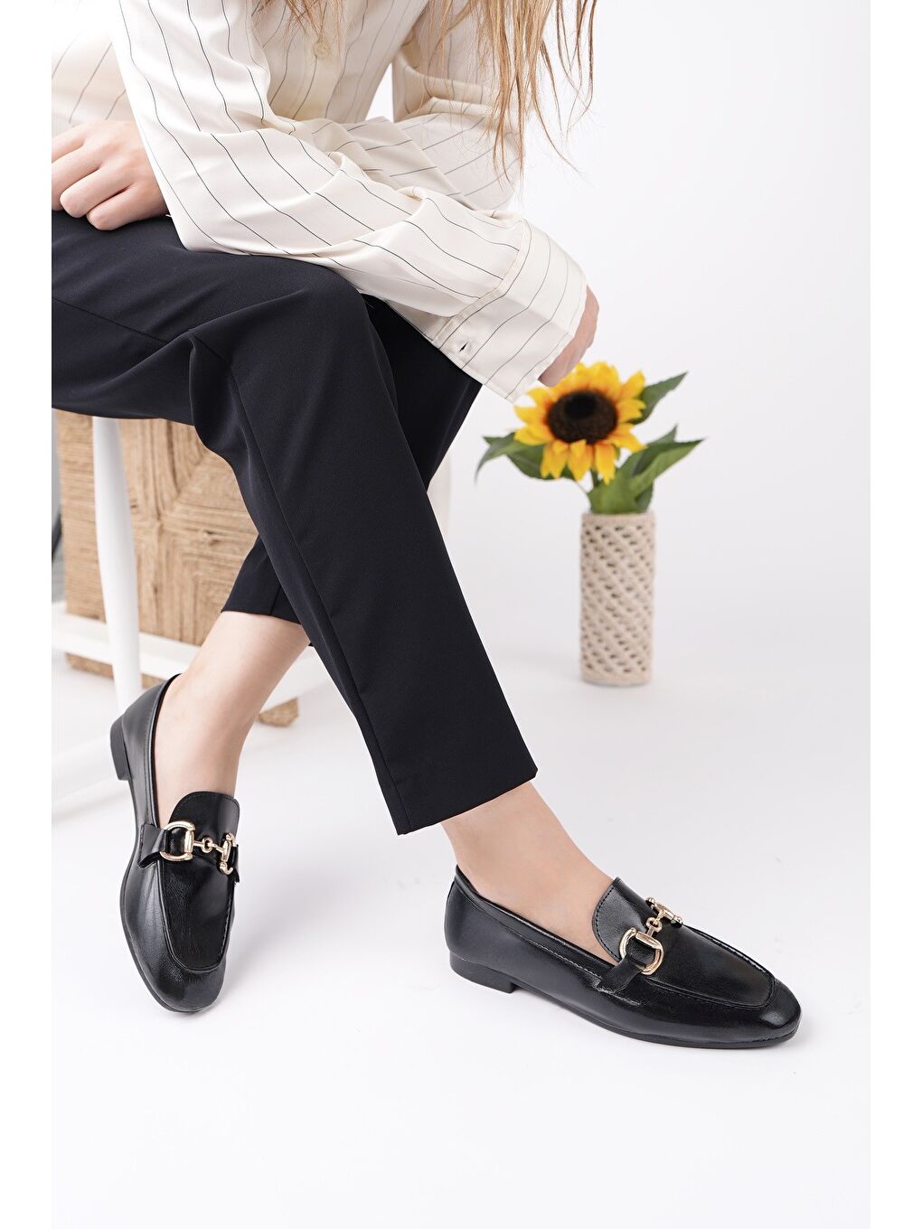Siyah STRİDE Metal Tokalı Kadın Günlük Loafer Ayakkabı-5