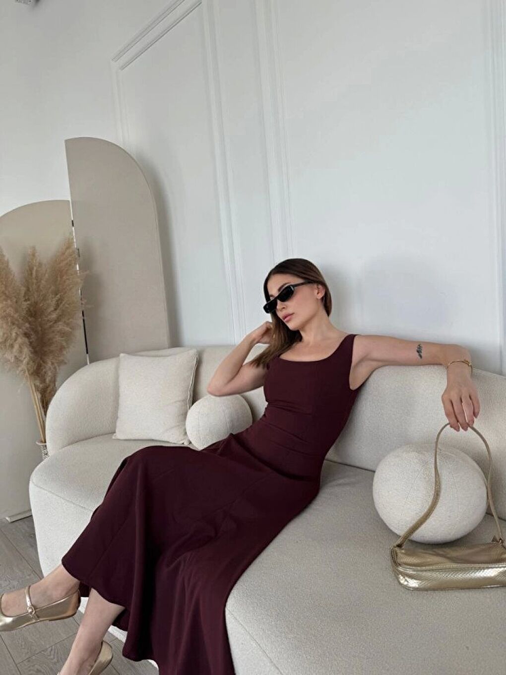 Sırt Dekolteli Kolsuz Uzun Elbise - Mürdüm