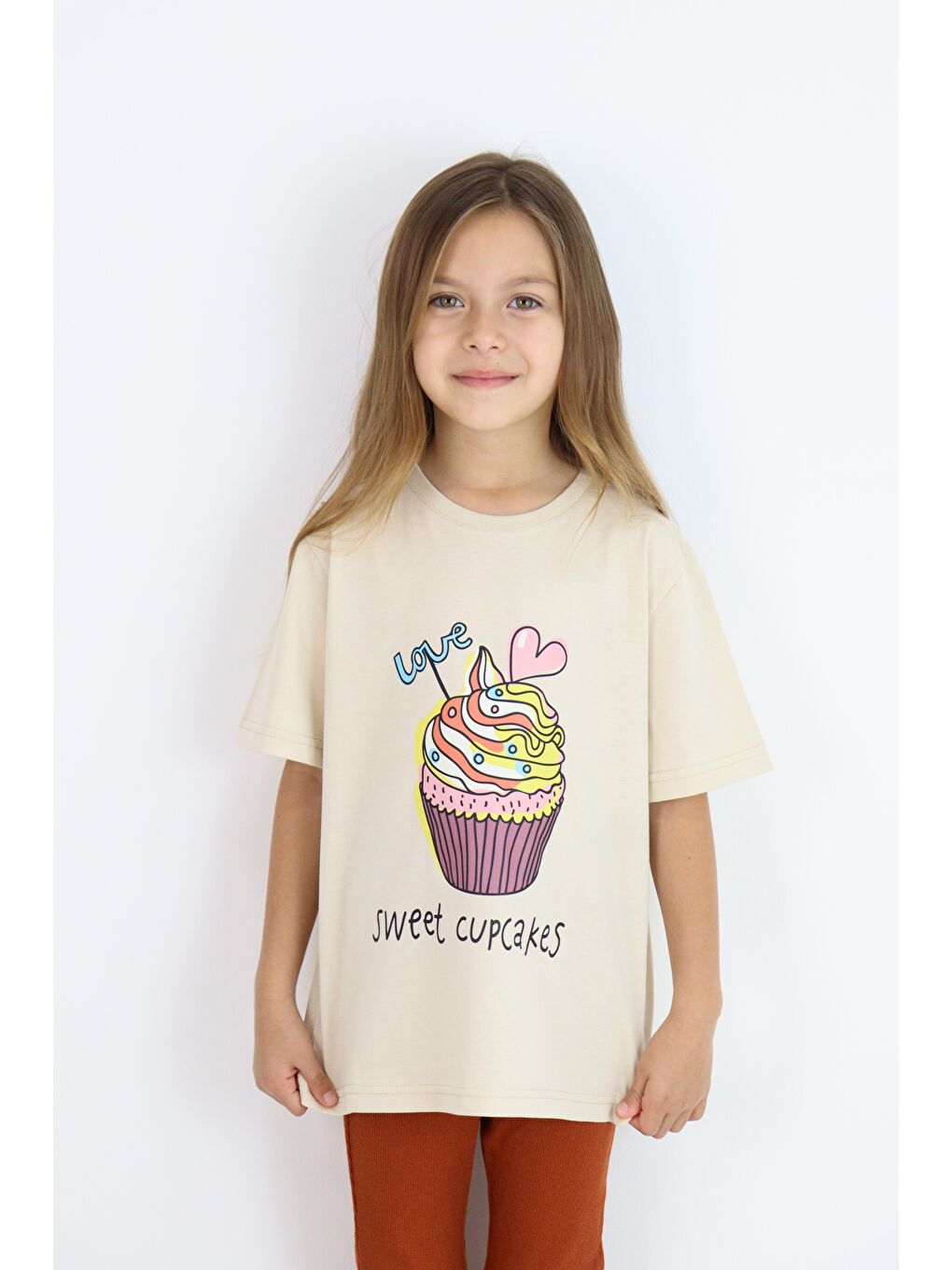 Kahverengi Basic Baskılı Kız Tişört 4-10 Yaş