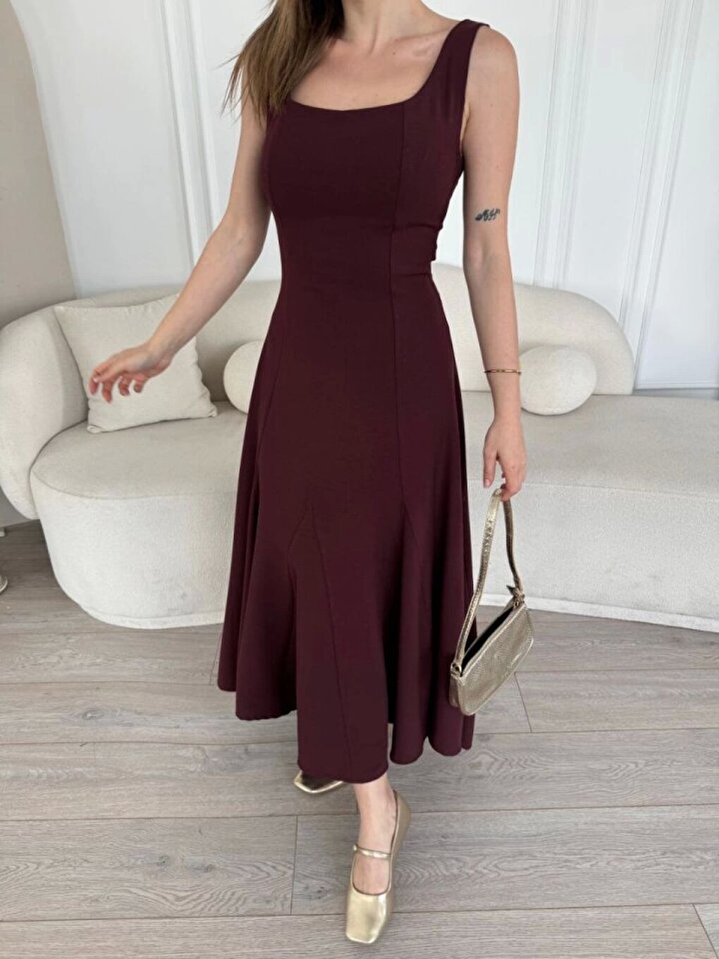 Sırt Dekolteli Kolsuz Uzun Elbise - Mürdüm-1