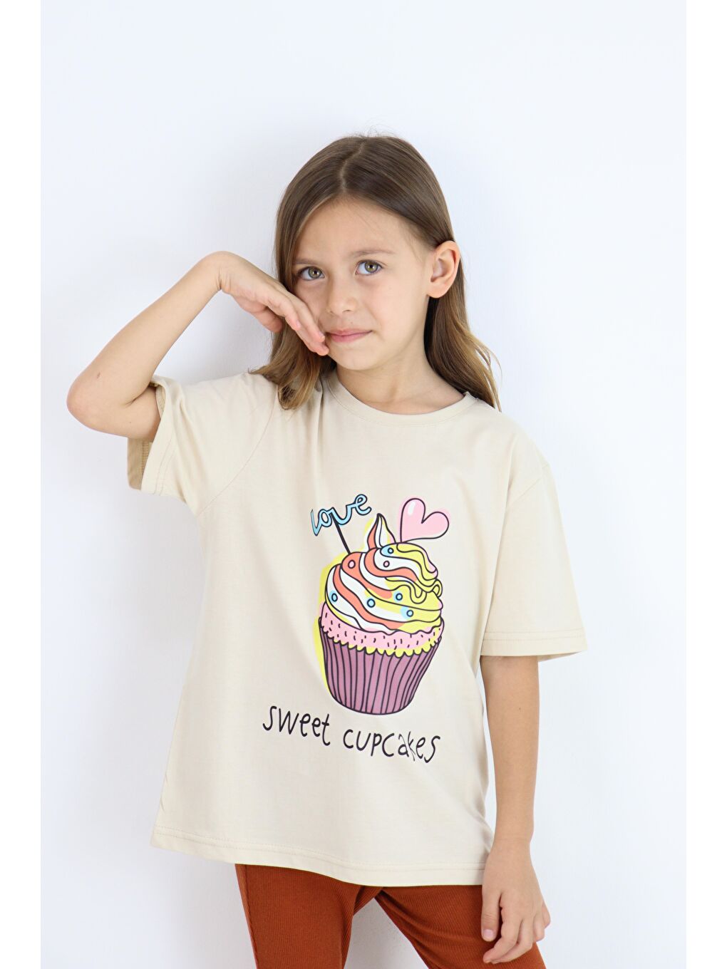 Kahverengi Basic Baskılı Kız Tişört 4-10 Yaş-2