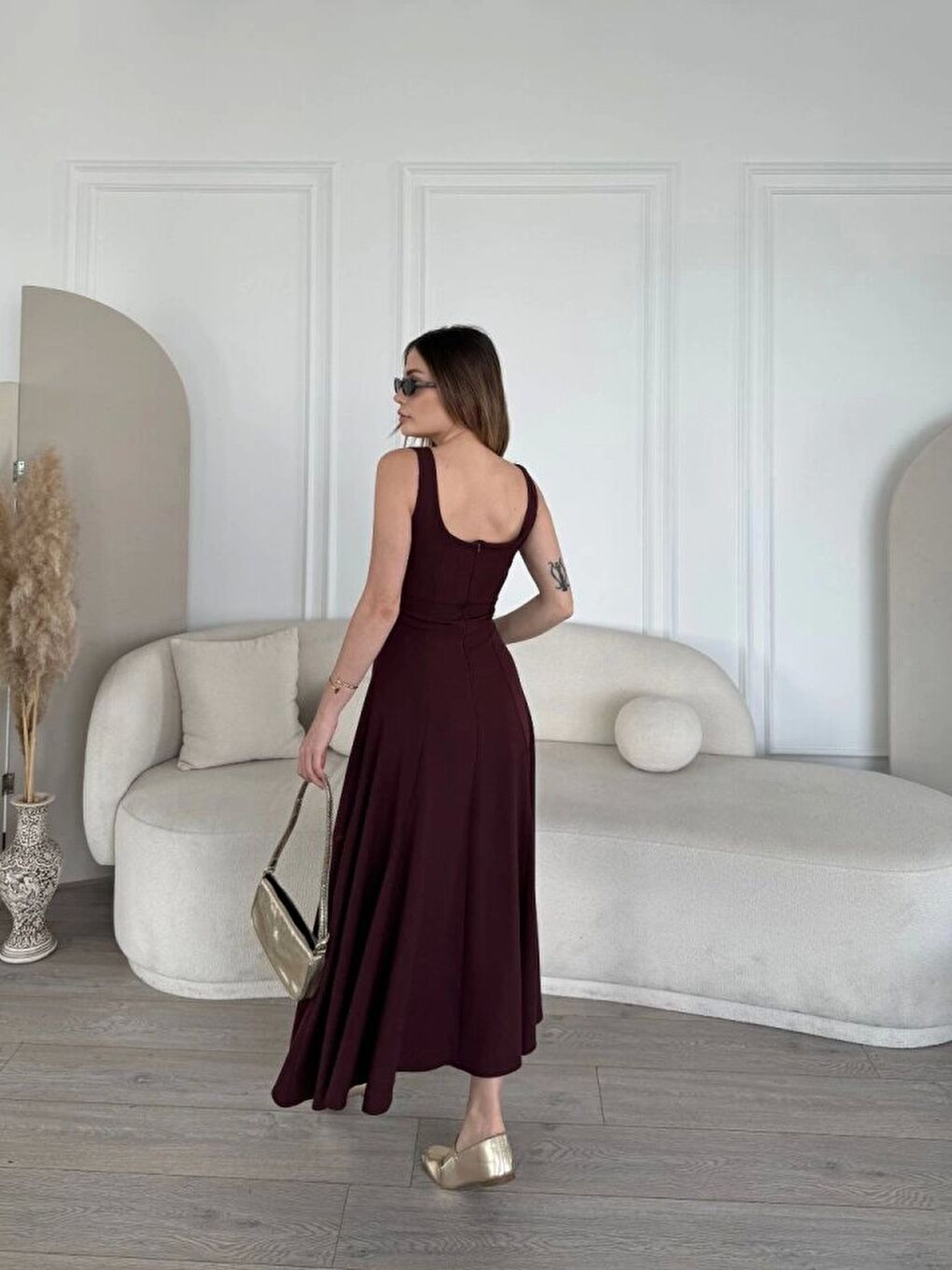 Sırt Dekolteli Kolsuz Uzun Elbise - Mürdüm-2